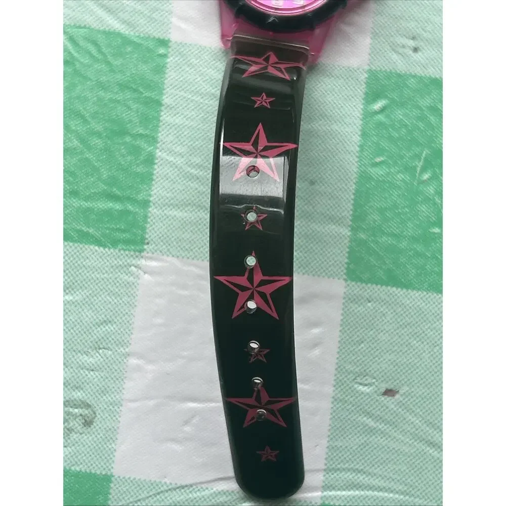 Lucky Pink Dial Black And Pink Star Band Kids Watch